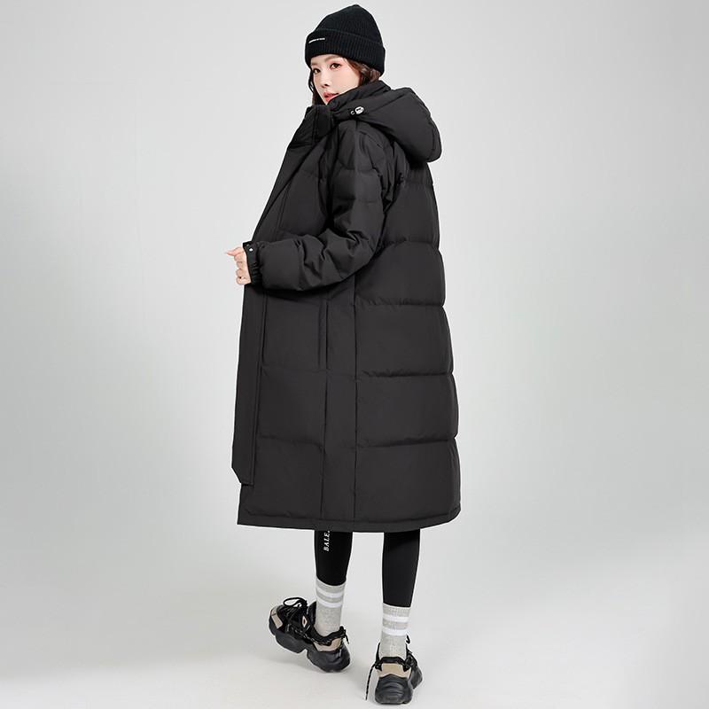 Womens Longline Knee-Length Gray Duck Down Puffer Coat With Hood Warm Winter Outerwear Students Couples