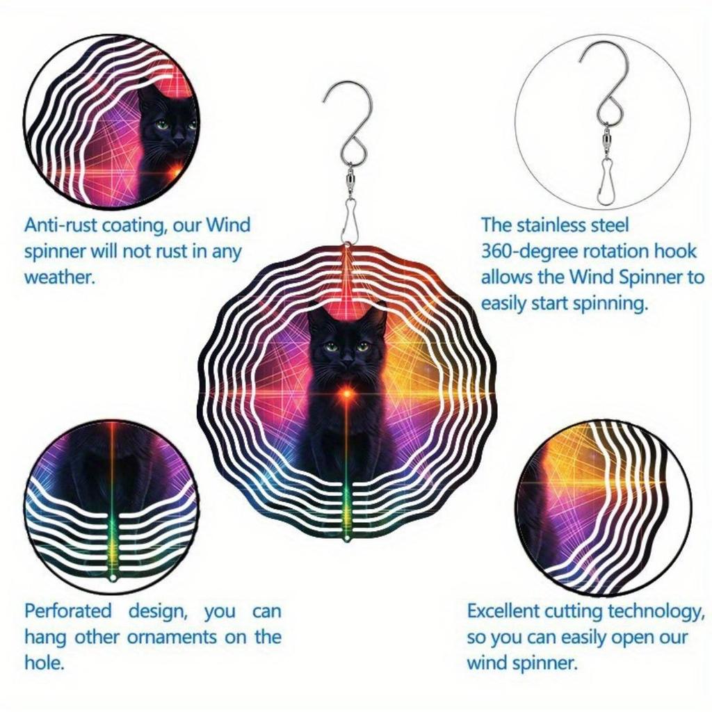 Schwarze Katze Metall Windspiel Outdoor Hängende Dekoration 2D Kinetische Kunst Weihnachts-Erntedank-Geschenk Kein Strom Benötigt Garten Terrasse