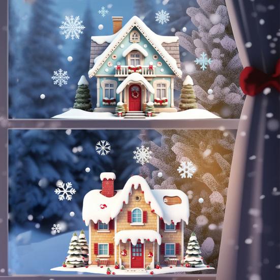 Jul Dobbelt Hus Vindusklistremerke Avtakbart Vanntett PVC God Jul Vinterhytte Statisk Glassklistremerke Høytidsfest Dekorasjon Klistremerke