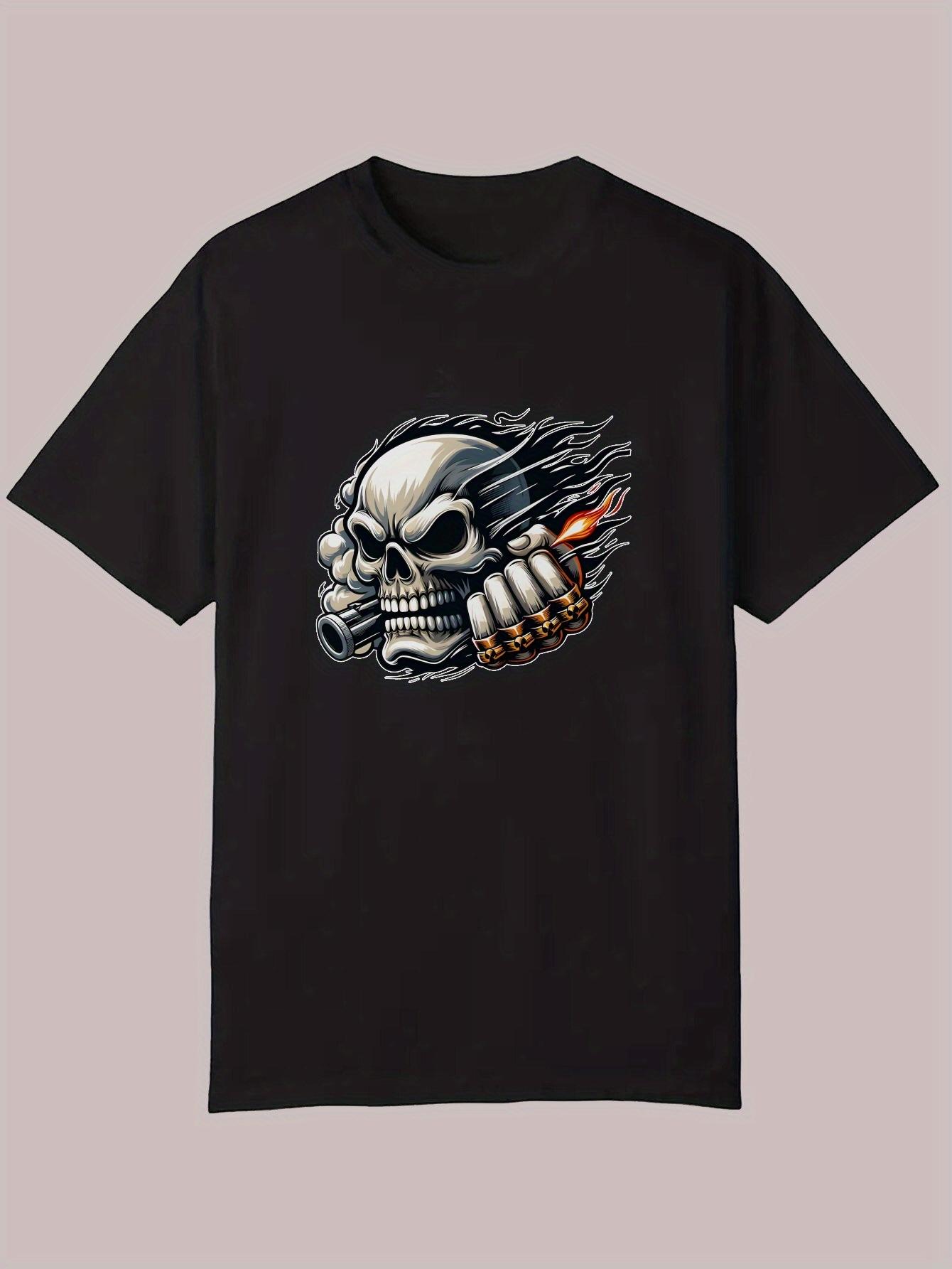 

Skull & Gatling Gun Graphic T-shirt - Black Casual Summer Tee with White & Orange Design XXXL