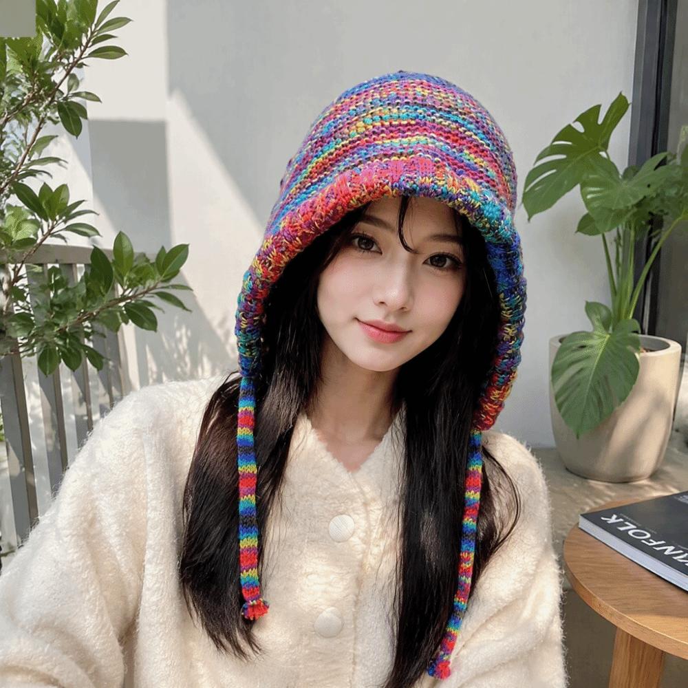 Rainbow Striped Crochet Cap Gradient Wool Stripe Beanie Hat Fashion Knitting Beanie Hat  Winter