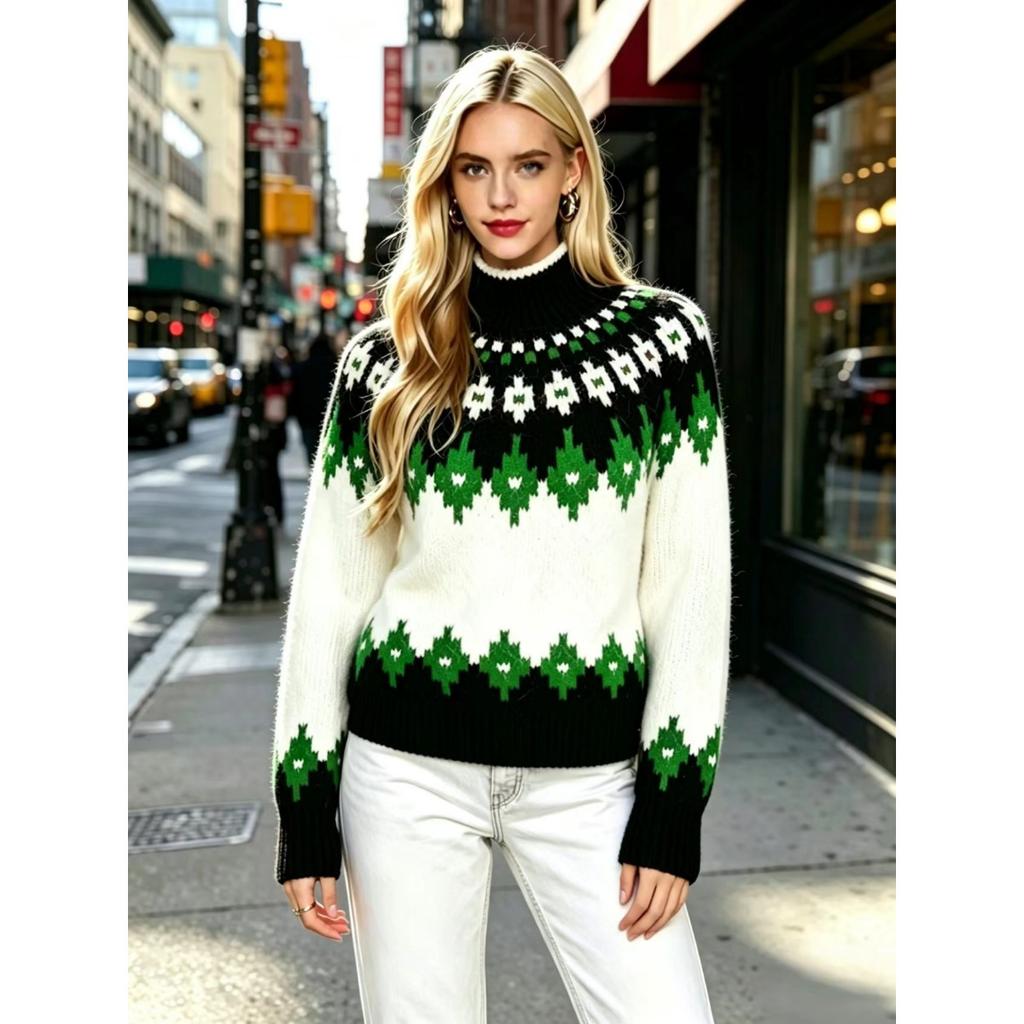 Fall Winter Women's Fair Isle Pattern Half Turtleneck Sweater, Loose Soft Rhombus Jacquard Knit Lazy Top
