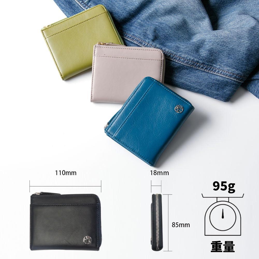[HAKATA NO MORI LEATHER] Genuine Leather Mini Wallet with L-Shaped Zipper, Compact Bifold Wallet, Box-Shaped Coin Purse, Anti-Skimming and Magnetic
