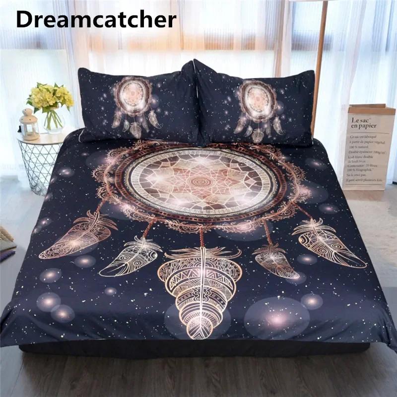 Dropship Schönes Familien Weiches Bettbezug-Set Schwarzes Bettwäsche-Set Traumfänger Galaxie Boho Bettwäsche Heim Bettwäsche Sets 3tlg Gefiedert Mon