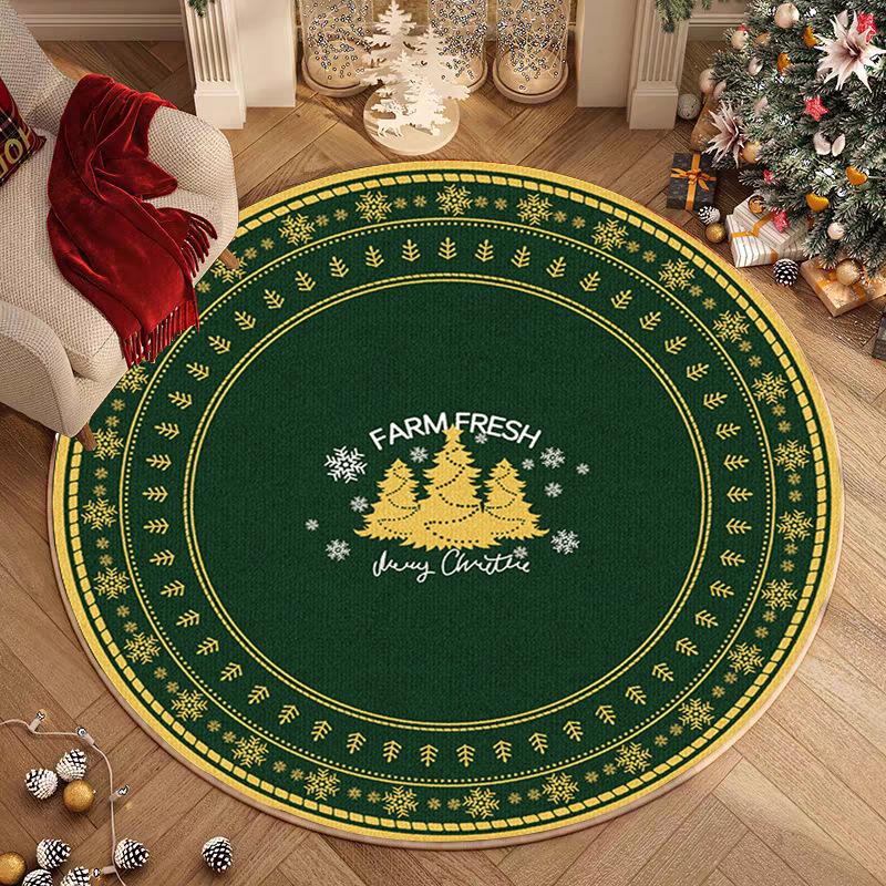 Christmas Tree Pattern Round Carpet "Merry Christmas" "HAPPY NEW" Text Design Festive Decor Rug for Living Room Non-Slip Mat