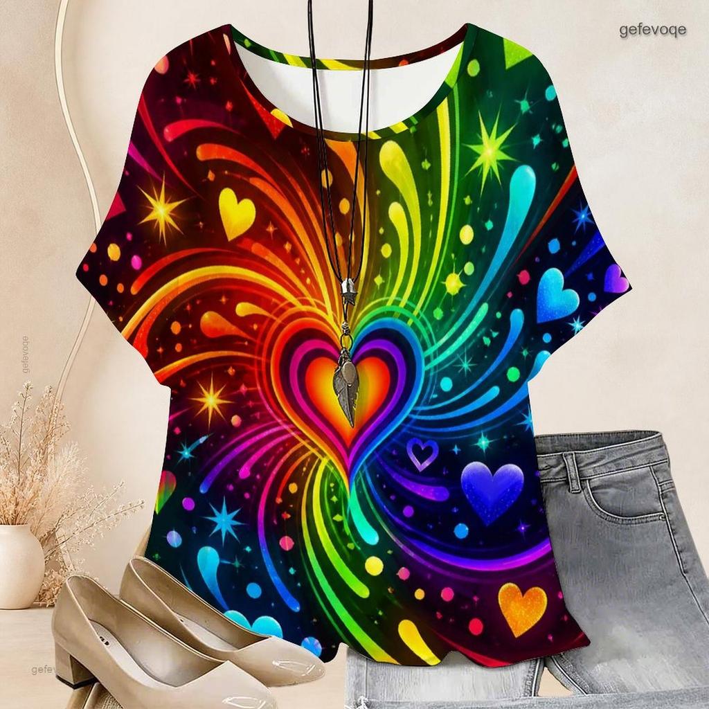 Women Plus Size Loose Batwing Sleeve Top Round Neck Colorful Graffiti Heart Star Print Casual Short Sleeve Tunic Blouse