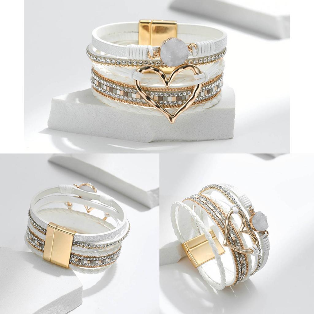 Elegant Heart Leather Wrap Bracelets Stackable Bohomian Cuff Bangles Fashion Rhinestones Bracelets for Women and Girls