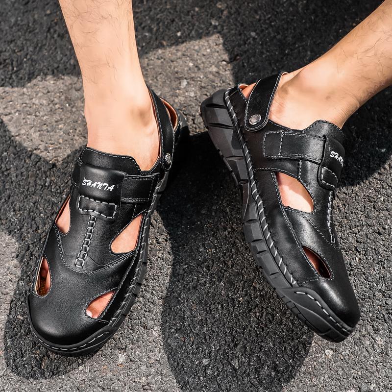 Hot Men Roman Sandals Genuine Leather Classics Black Sandals Non-Slip Rubber Sole Flat Beach Slides Slipper Man Plus Size38-48