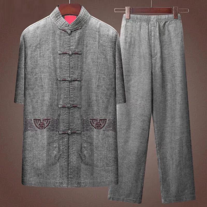 Men's Cotton & Linen Tang Suit - Short-Sleeved Chinese Style Summer Outfit for Middle-Aged & Elderly