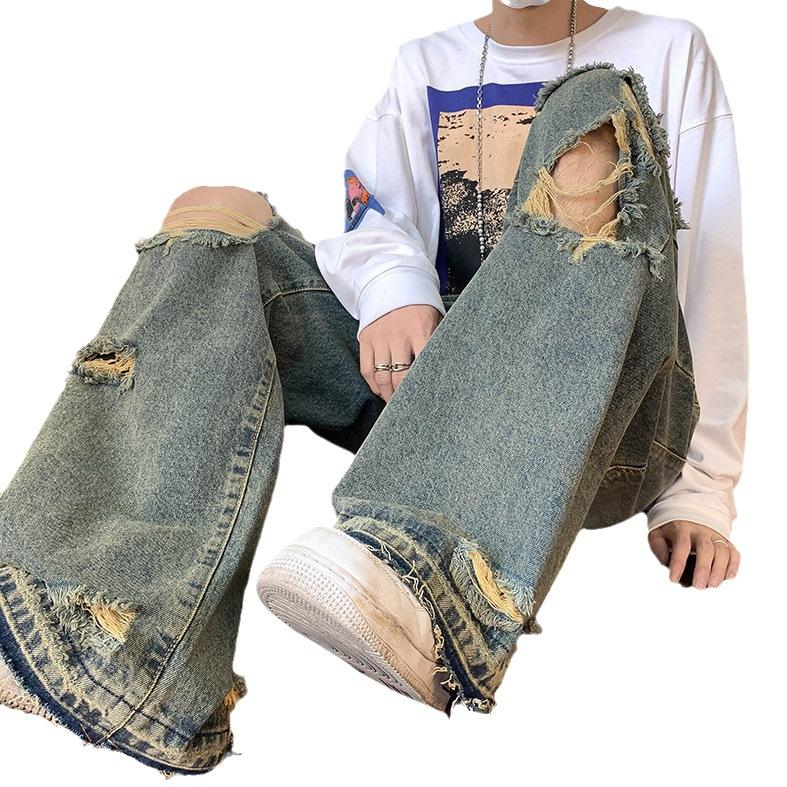 American retro ripped jeans men's summer high street hiphop loose and thin straight wide-leg pants ins trendy brand