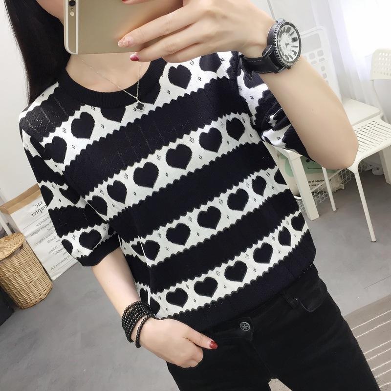 

Летний трикотажный топ с круглым вырезом, свободного кроя, из тонкого ледяного шелка, с ажурным узором в виде сердец, с коротким рукавом для женщин 3XL чёрный