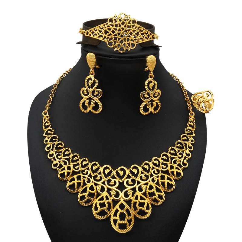 

Дубайское позолоченное многослойное ожерелье, комплект ювелирных изделий, Франция, свадебный аксессуар с цветочным узором, арабский шарм, комплект браслетов-колье