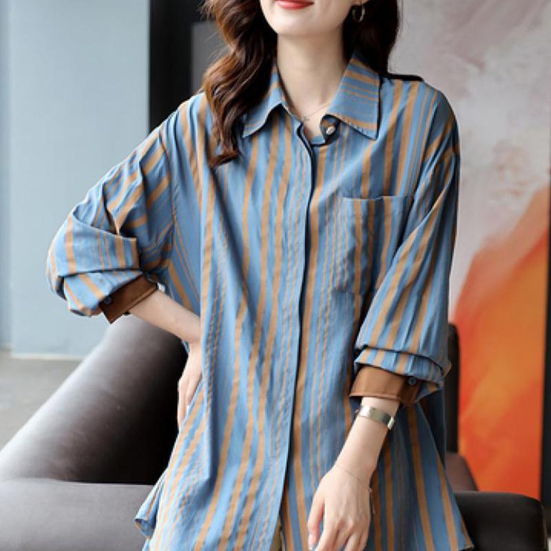 Spring Autumn Vintage Striped Print Loose Casual Cotton Shirt Ladies Long Sleeve Elegant All-match Blouse Femme Cardigans Tops