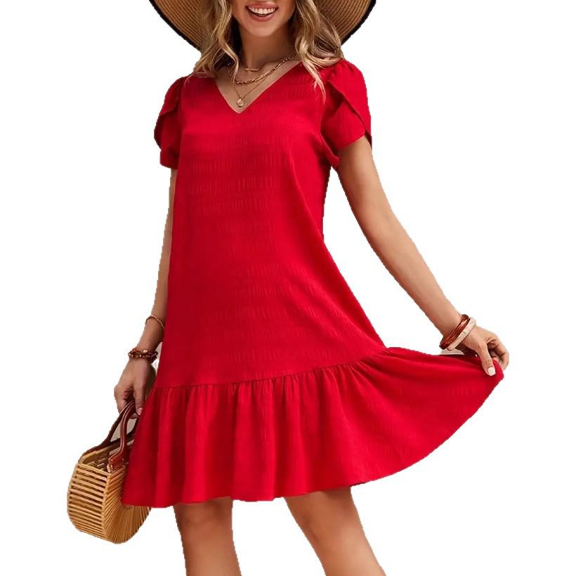 V-Neck Solid Color Loose Casual Short-Sleeved Dress