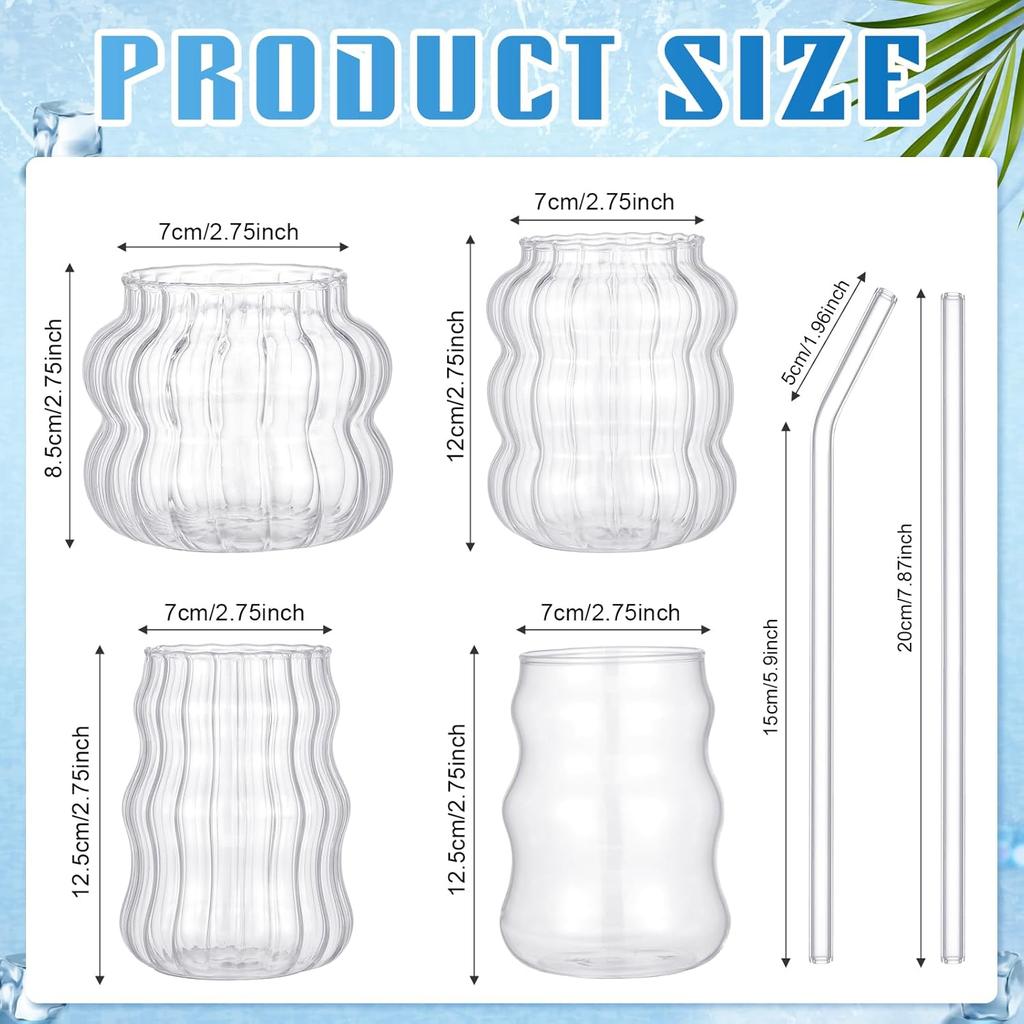 4 Pcs Creative Glassware Set Wave Shape Drinking Glasses with Glass Straw Aesthetic Cups Vintage Ribbed Glass Cups Cute Drinking Glasses for Tea Beer