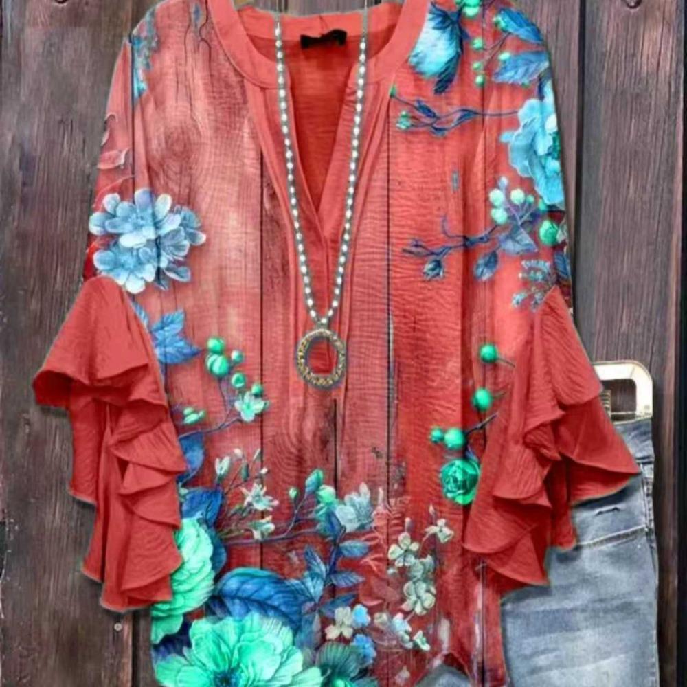 Large Women's Bohemian V-neck Shirt with Ruffle Sleeves, Grey Brown Floral Print Top, Casual Breathable Machine Washable Pullover