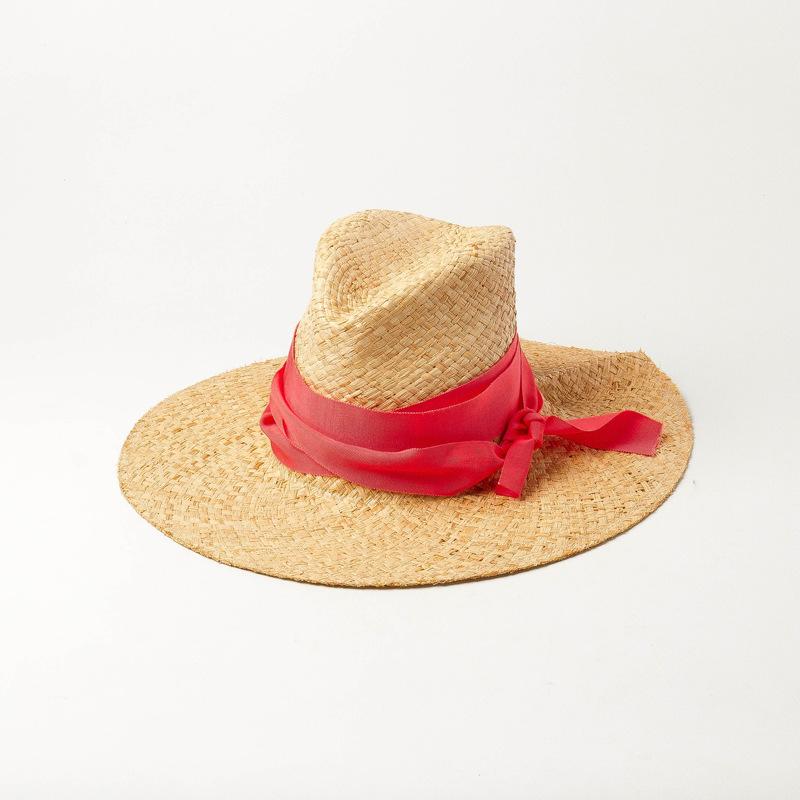 USPOP Spring Summer Wide Ribbon Bow Sun Hats Double-layer Hand-woven Raffia Jazz Hat Outdoor Sunshade Raffia Beach Straw Hat