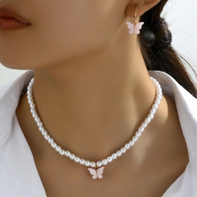 Fashion Faux Pearl Bow Pendant Necklace Earrings Jewelry Set For Women