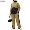 ZANZEA Damen Langarm Patchwork Bluse und Hose Lässige Zweiteilige Anzugsets