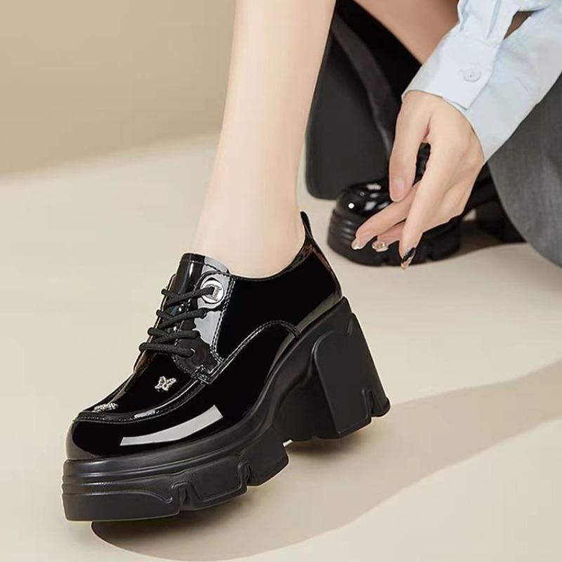 Mode Square Heel Einzelne Schuhe Herbst Neu Runde Zehenpartie Riemchen vorne Plateau Rutschfest Verschleißfest Hohe Absätze