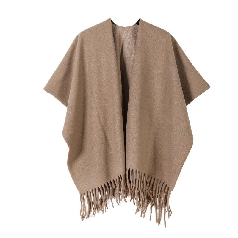 Solid Black Tassel Hem Open Front Poncho Cape Soft Faux Cashmere Wrap Shawl