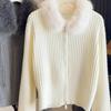 Womens Oversized Knit Cardigan With Faux Fur Collar Double Zipper Casual Warm Sweater Coat Winter