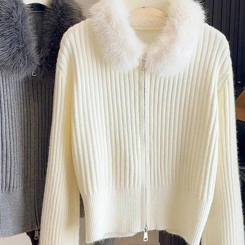 Womens Oversized Knit Cardigan With Faux Fur Collar Double Zipper Casual Warm Sweater Coat Winter