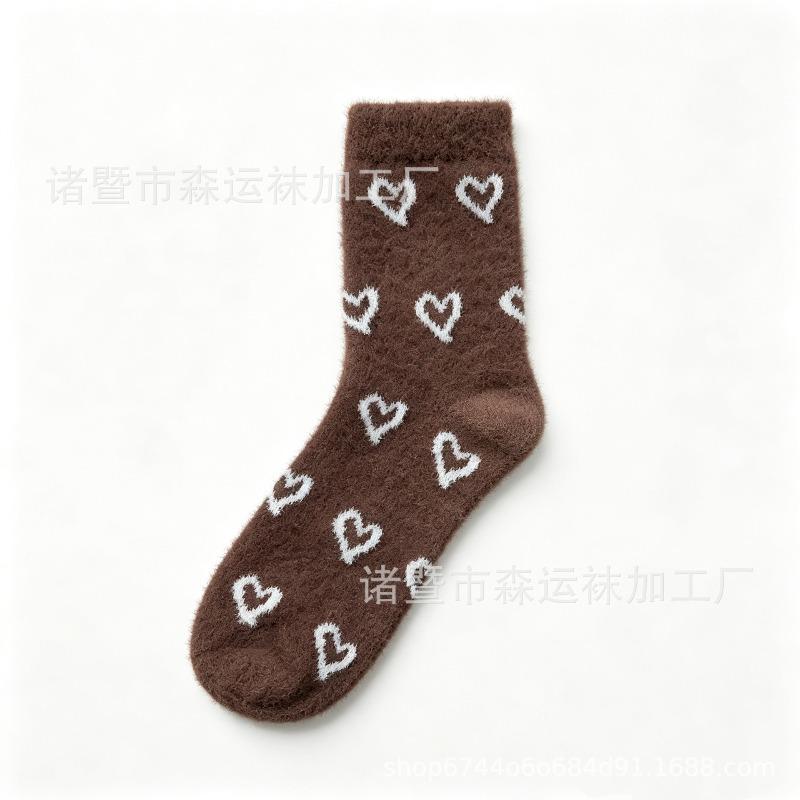 Autumn and Winter Socks Female Mink Velvet Full of Love Plush Cute Sweet Medium Tube Socks Thickened Warm Home Sleeping Socks