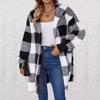 Women's Autumn and Winter Hooded Plaid Warm Top, Mid To Long Plush Cardigan Jacket