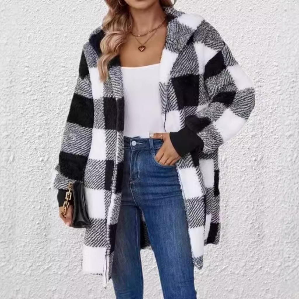 Women's Autumn and Winter Hooded Plaid Warm Top, Mid To Long Plush Cardigan Jacket