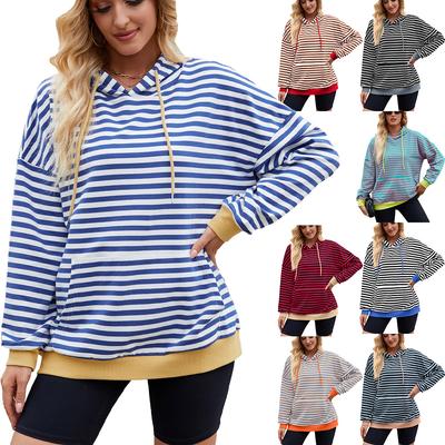 2024 Herbst/Winter Neuer gestreifter kontrastfarbiger lässiger Kapuzenpullover mit lockerer Passform und Taschen für Damen
