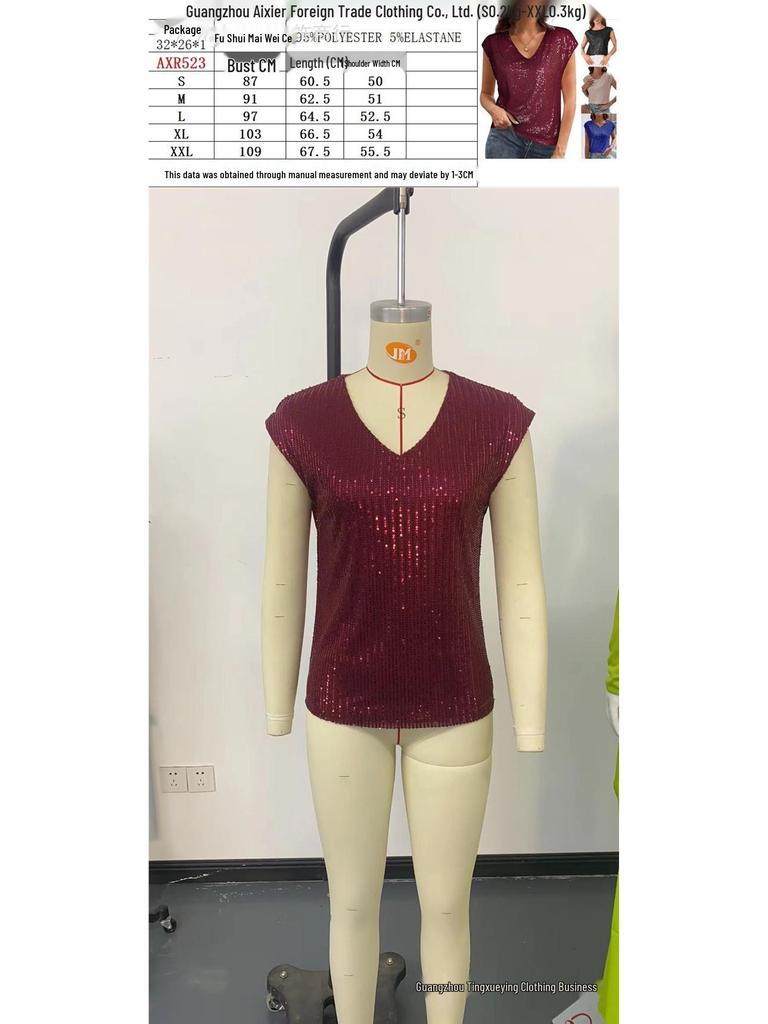Women's Solid Color V-neck Raglan Sleeve Sequin Top