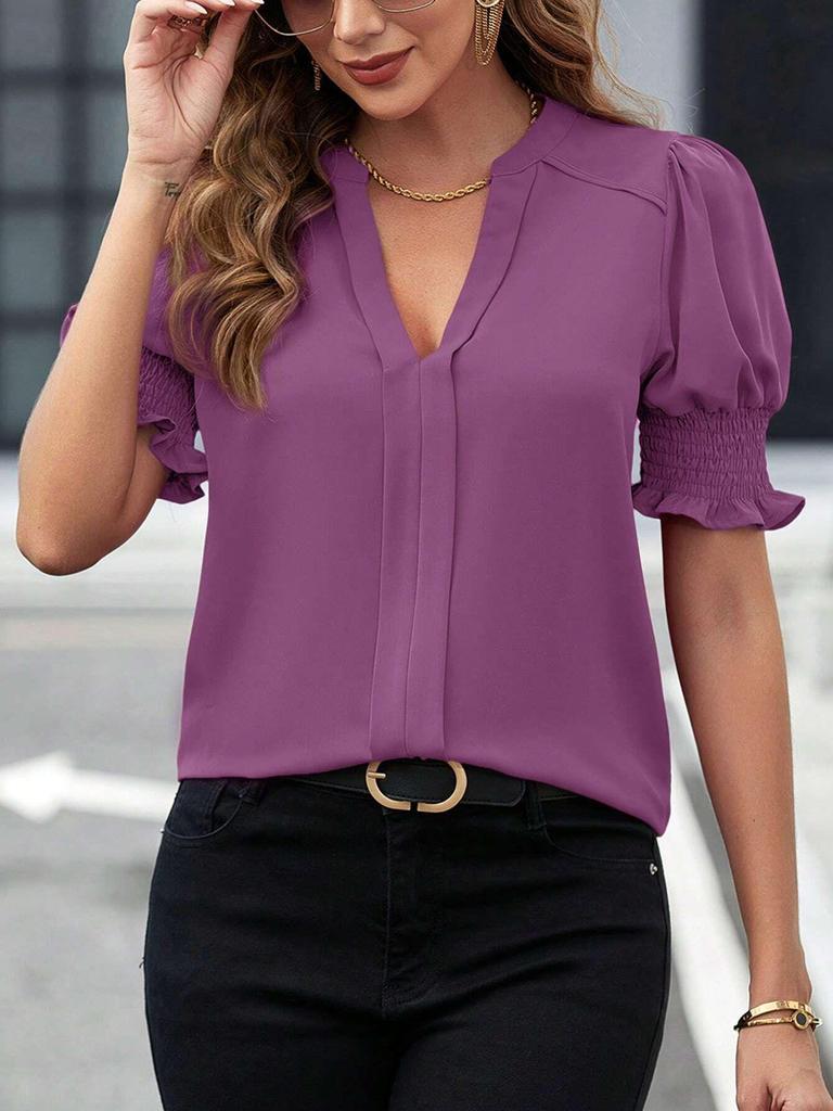 Women's Summer V-Neck Puff Sleeve Solid Color Top