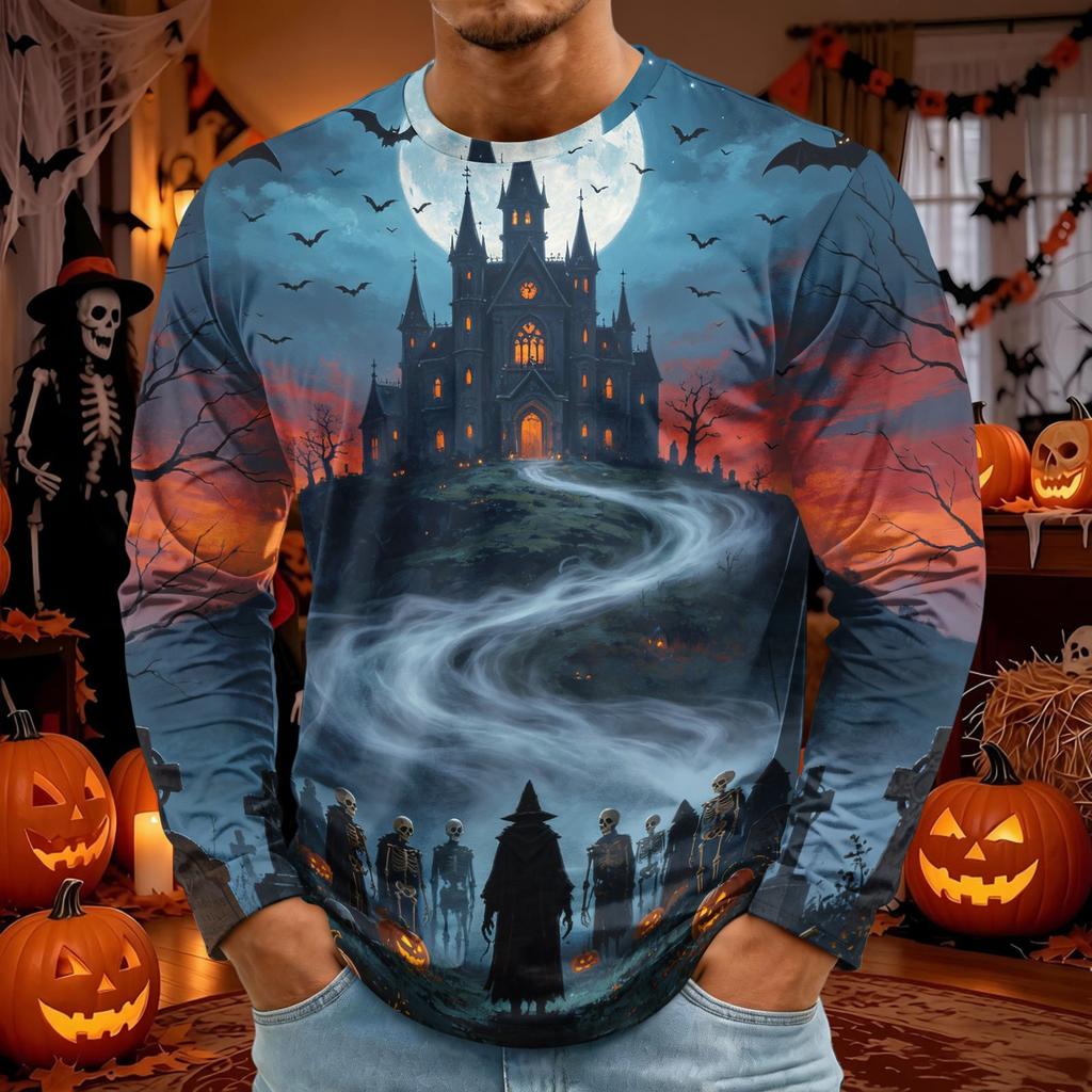 Men's Halloween Printed Long Sleeve Neck T-Shirt for Costume Party
