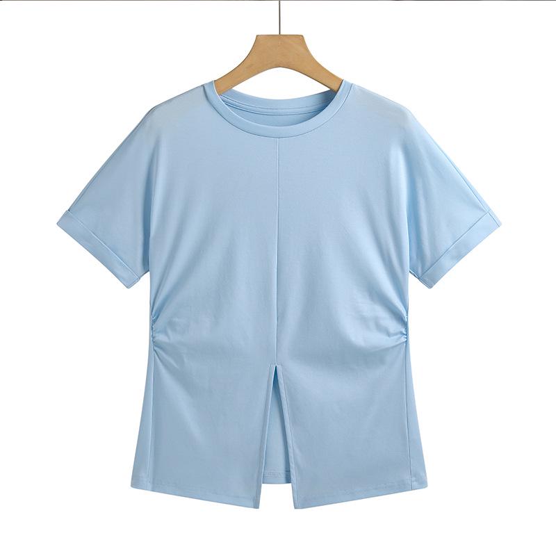 

Женская футболка с коротким рукавом из мерсеризованного хлопка в корейском стиле с подвернутыми рукавами и боковым разрезом. Large синий