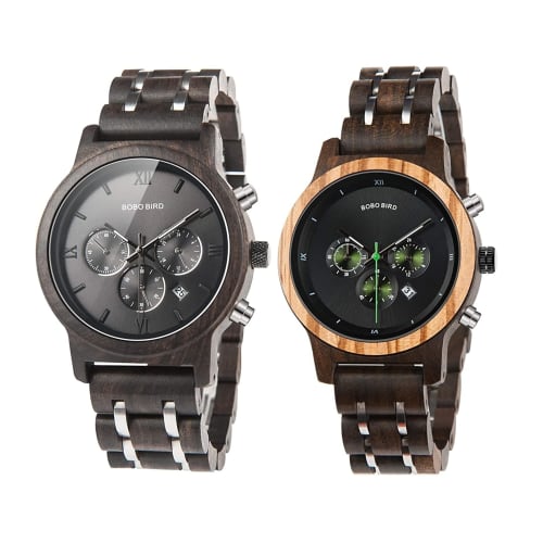 BOBO BIRD Pair Watches, Wooden Watches with Gift Box, Analog, Japanese Quartz Movement, Chronograph, Lightweight, Date Display, Stopwatch, Men's and W