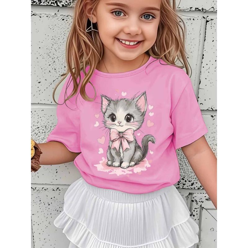 European sizes Summer Fashion Short-Sleeve T-Shirt for Girls Featuring a Cute Kitten with a Pink Bow And Heart Cartoon Print, a Versatile Casual Top
