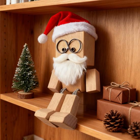 Christmas Shaking Wooden Man Figurine with Santa Hat And Beard Handmade Shaking Feet Wooden Doll with Magnetic Expressions for Car