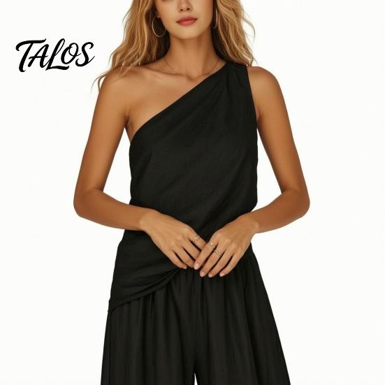 Talos Baumwoll-Leinen 2-teilige Sets für Damen, Ein-Schulter-Ärmelloses Oberteil mit Weitbeiniger Hose Passendes Set, Sommerurlaub Lounge Outfits