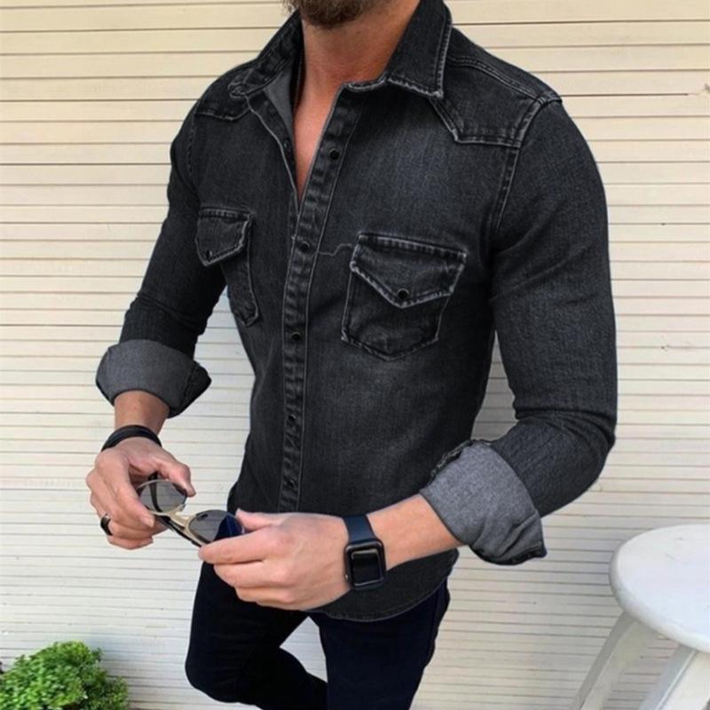 Men's Long-sleeved Slim Washed Denim Shirt Simple Casual Commuter Jacket