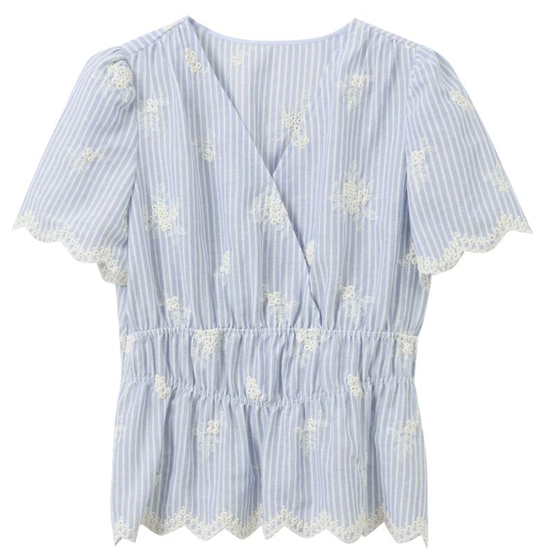 Sancai 2026 Summer Striped Embroidered V-Neck Blouse