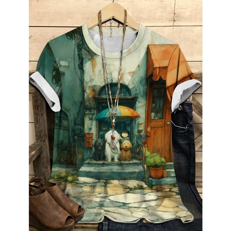 

Summer Round Neck 3D Funny Dog Pattern Print Top Fashionable Casual Short Sleeved Women s T-shirts XS