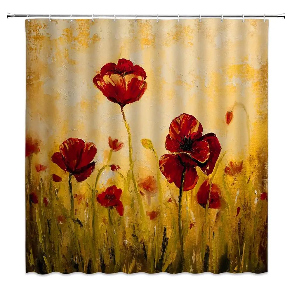Red Poppy Flower Shower Curtain with Hooks, Washable Fabric, Bathroom Curtains, Floral