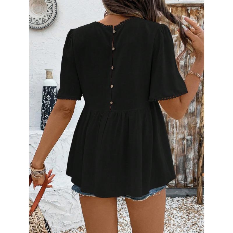 YYFS Women's Fashion Casual Summer Spring Solid Color Print  Short Sleeve O-Neck Blouses & Shirts