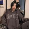 Women Long Sleeve Hooded V Neck Loose Pullovers Female Tops Solid Color Sweatshirts