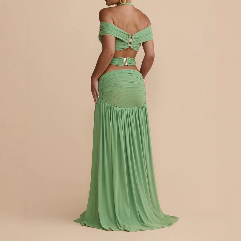 Foreign Trade Fashionable and Sexy Solid Color Neck Metal Decorative Tube Top Pleated Holiday Dress Long Dress Women