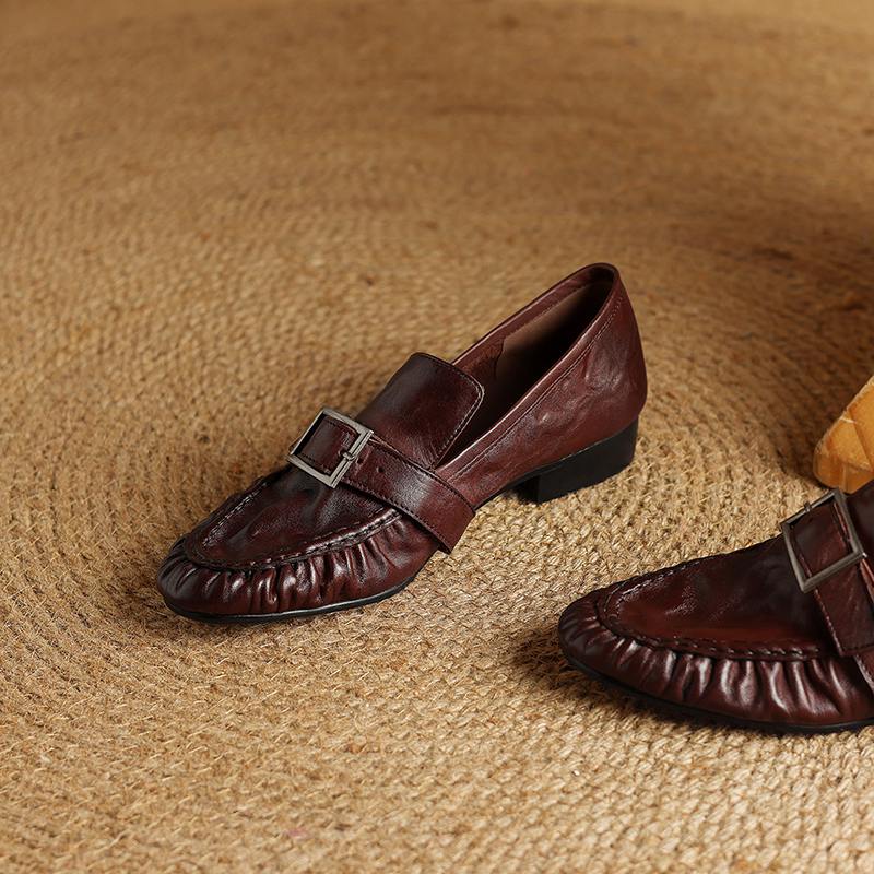 Krazing Pot Cow Skin Spring Summer Size 40 Loafers Thick Low Heels Pleated Decoration Women Round Toe Leisure Pumps