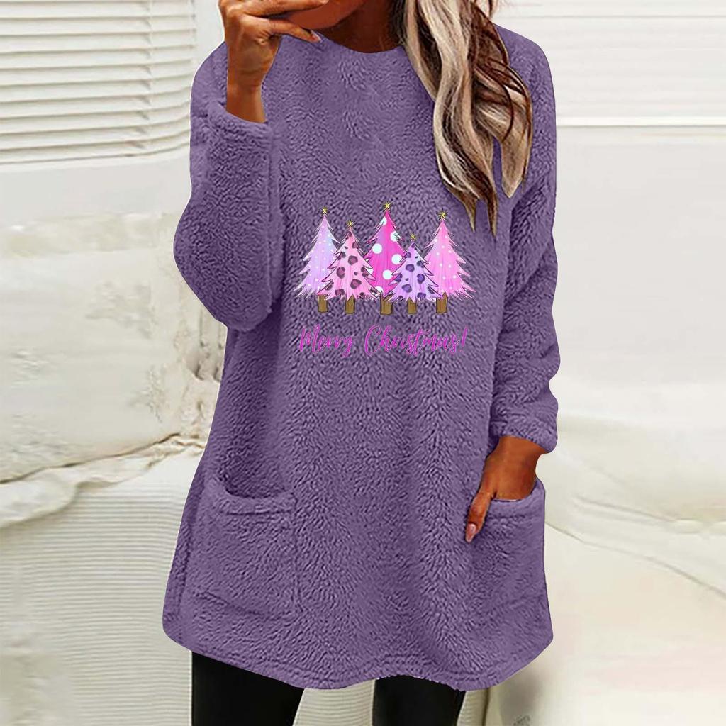 Women's Christmas Tree Print Round Neck Loose Long Sleeve Pocket Plush Hoodie