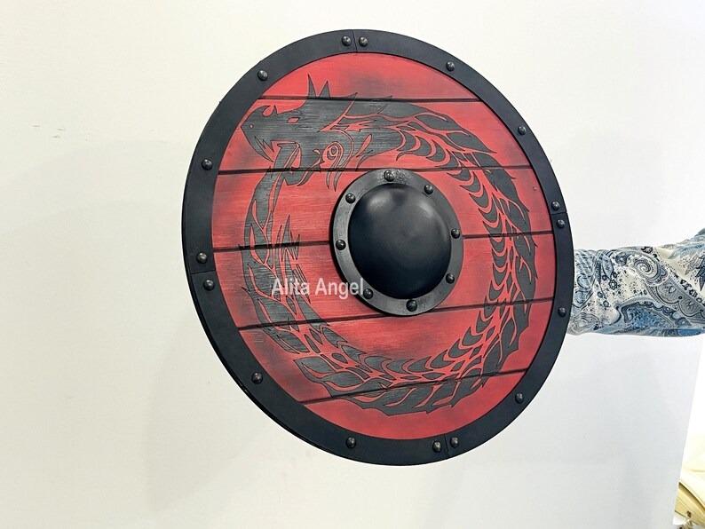 Handmade Wooden Viking Shield: Ouroboros Dragon, Battleworn Finish