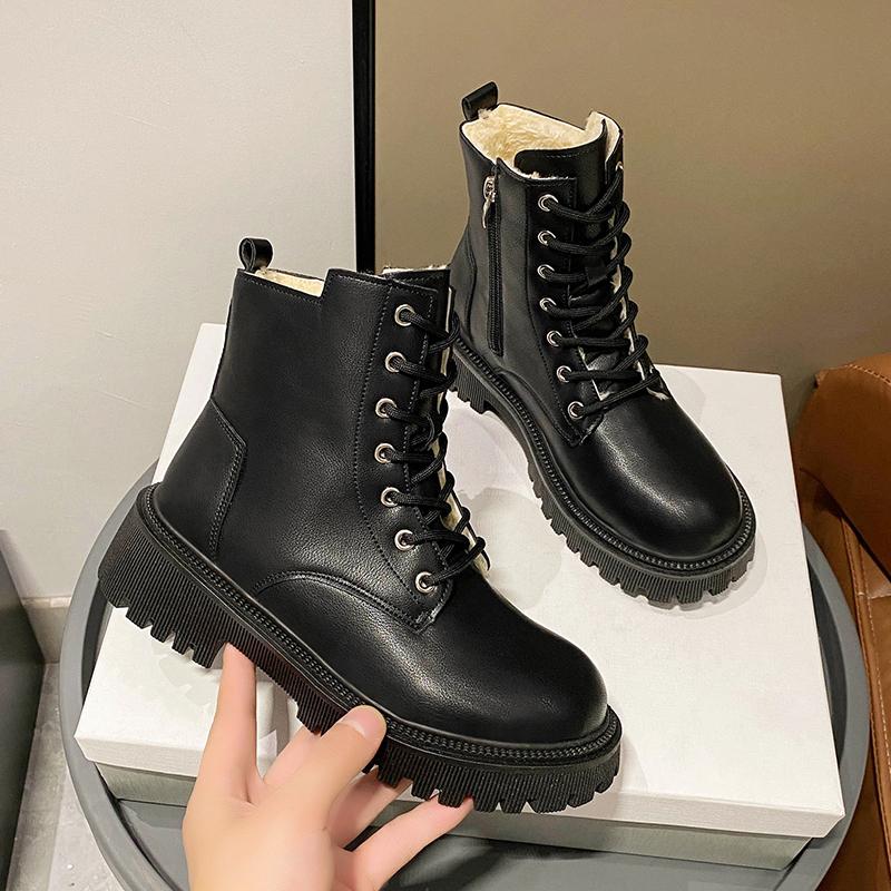 Fashion Women's Winter 2025 New Snow Boots with Velvet Flat Top Flat Shoes High Quality Lace Elegant PU Leather Casual Black Ankle Boots